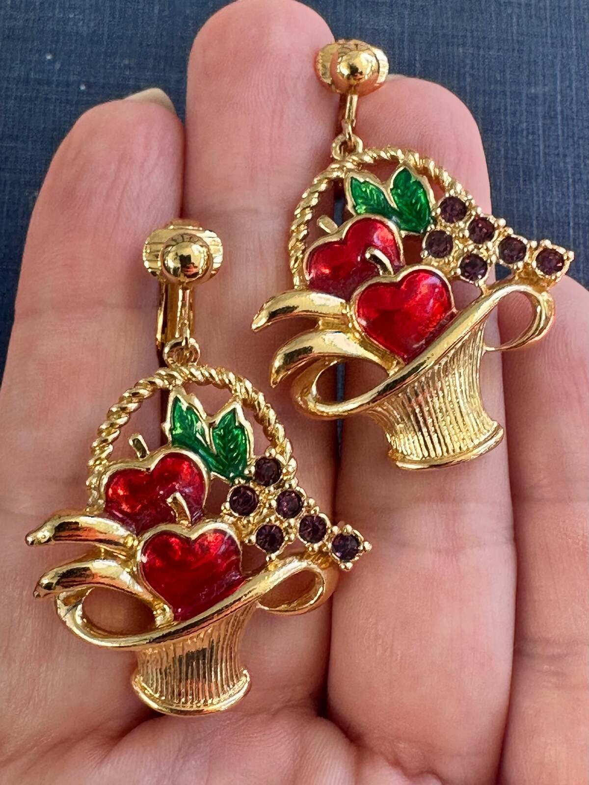 Vintage Avon Fruit Basket Clip-On Earrings Gold Tone Enamel Cherry Grape