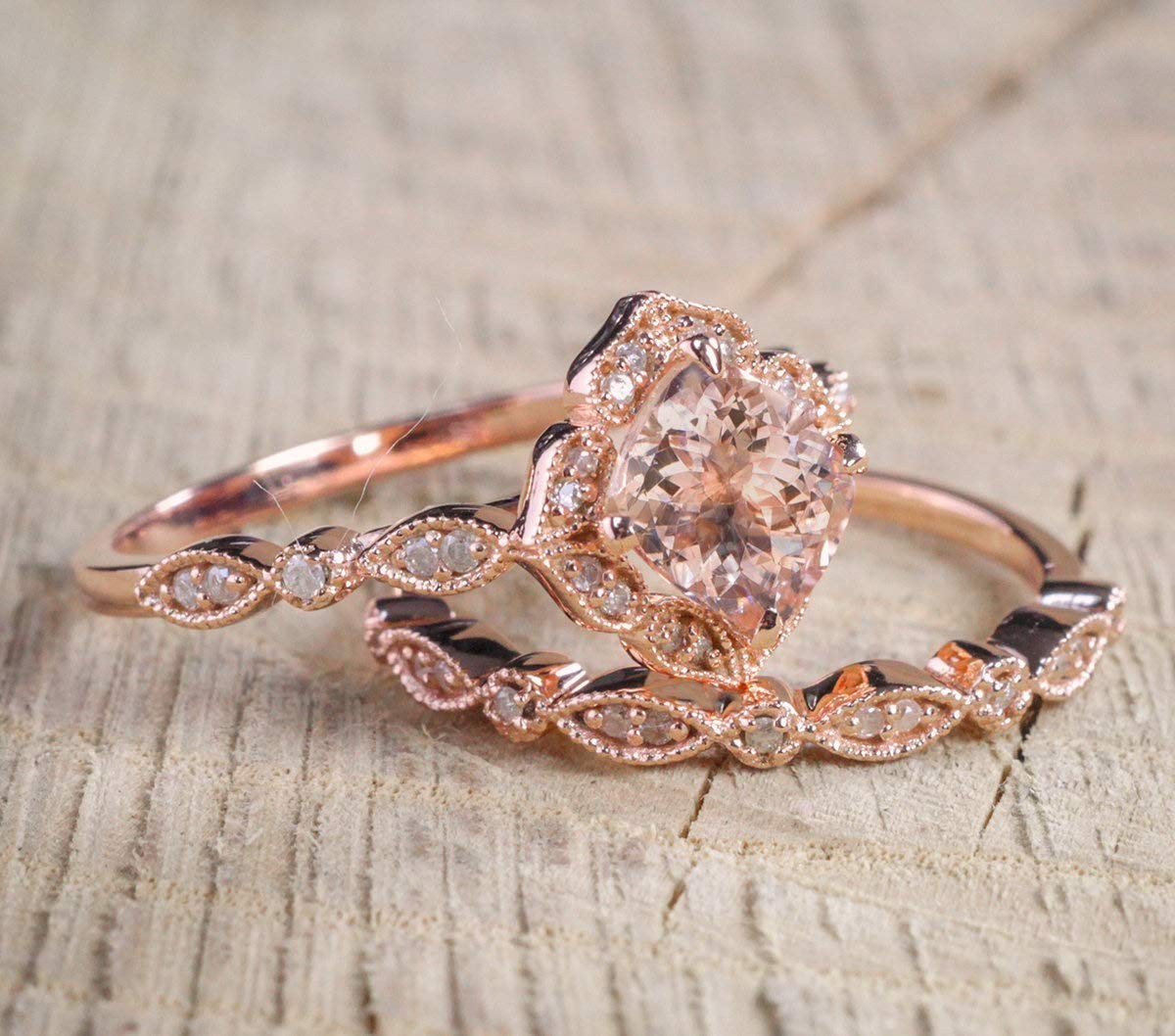 18k Rose Gold 2 Piece Ring Set Cubic Zirconia Bride Promise Rings Set Eternity
