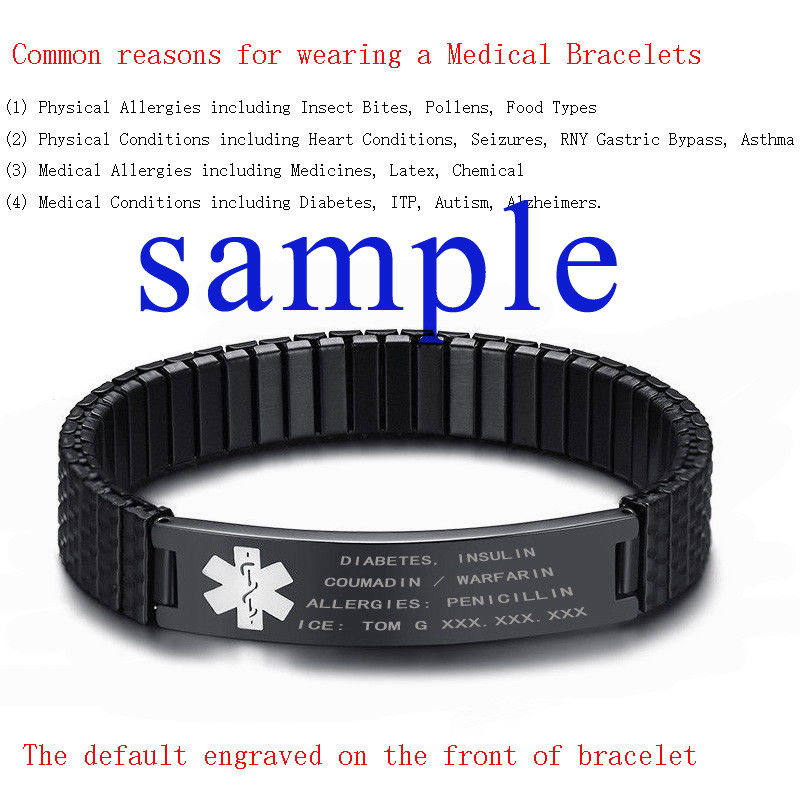 Women Men Medical Alert ID Name Spring Stretch Bracelet Bangle Free Engraving