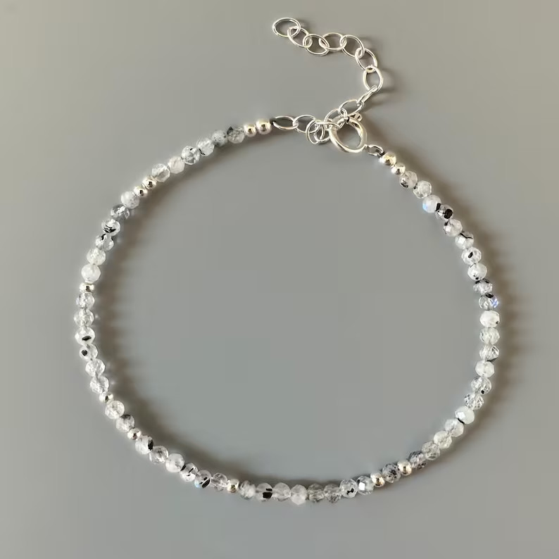 Rainbow Moonstone Crystal Gemstone Dainty Bracelet Minimalist 3mm Faceted Beads