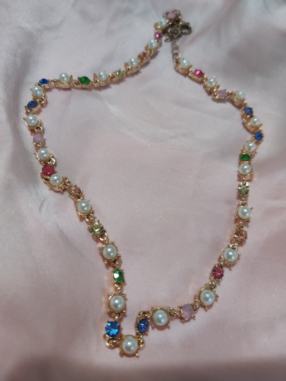 Gold Tone Chain Necklace White Pearl & Multicolor Crystal Adjustable