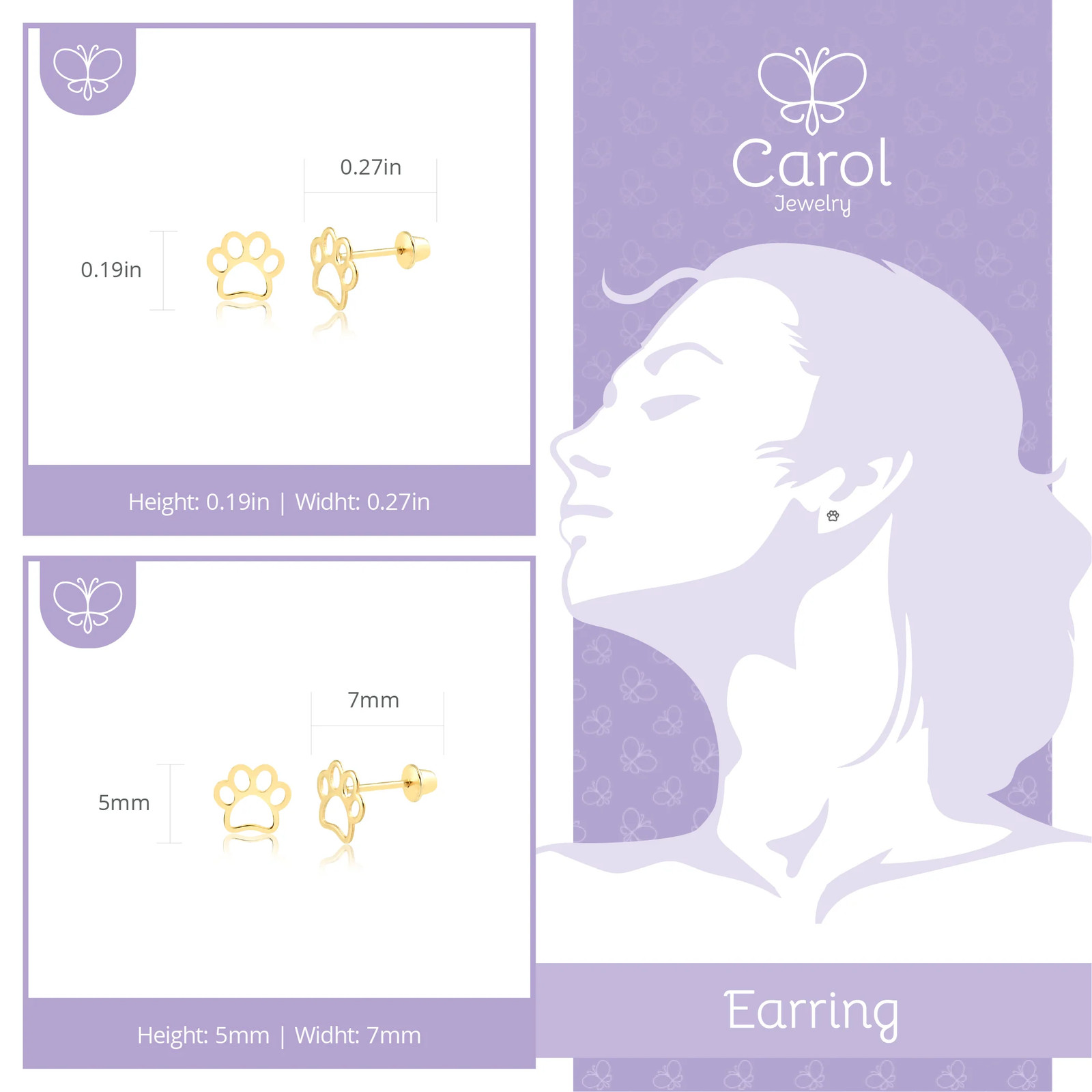 14k Yellow Gold Pet Paw Laser Cut Push Back Earring – Children