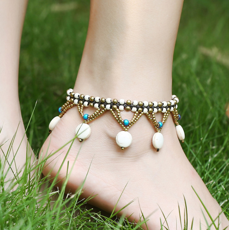 Women Bohemia Turquoise & Copper Bead Bell Wax Rope Foot Anklet Bracelet 8-9.2″