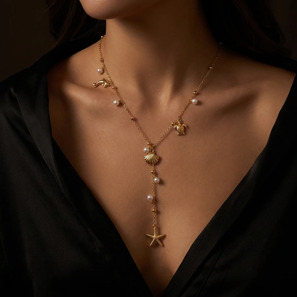 Marine Animals Seashells Starfish Long Tassel Necklace for Women Dolphin Turtle