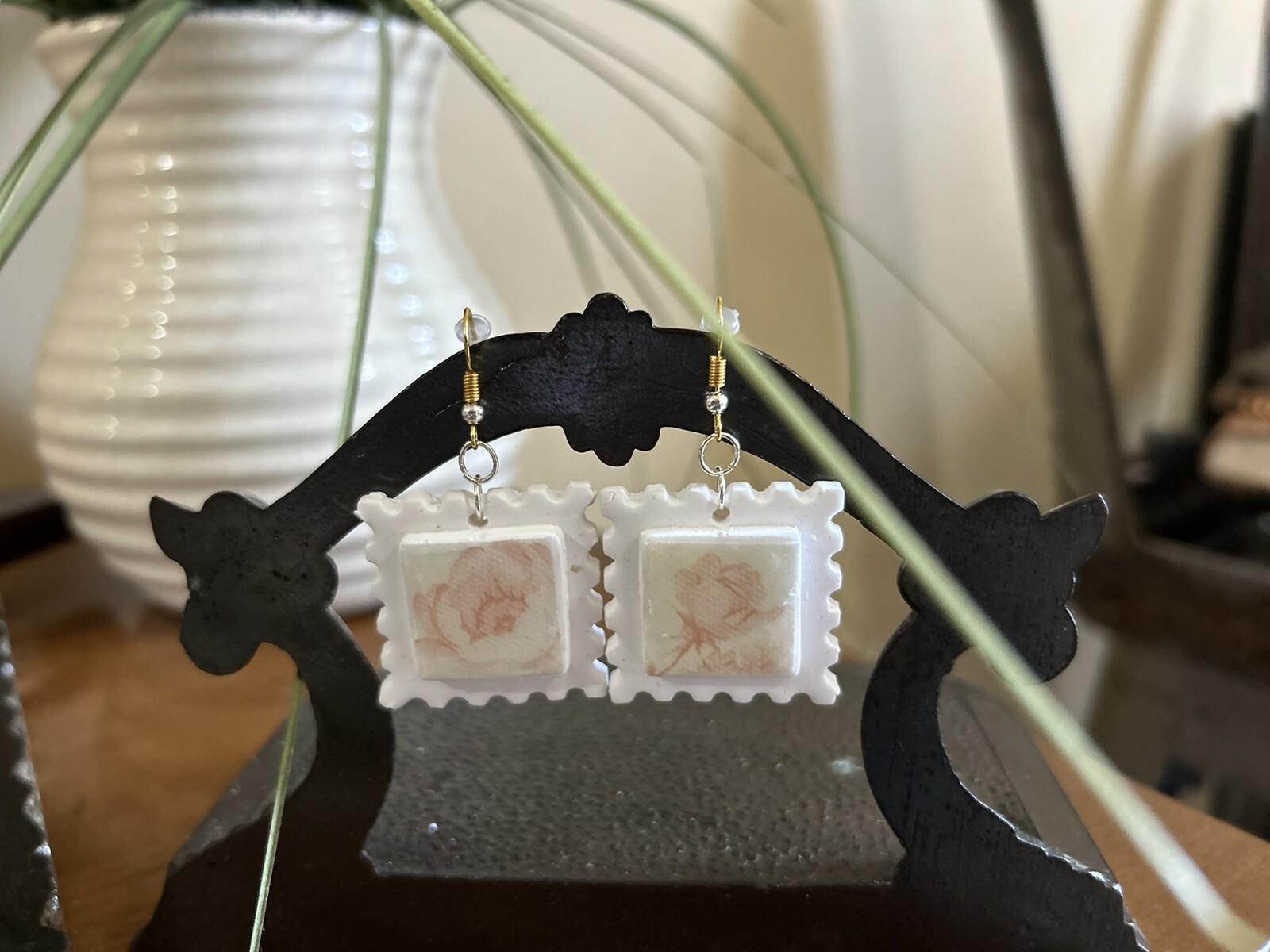 Homemade Earrings Stamps with Pink Rose.
