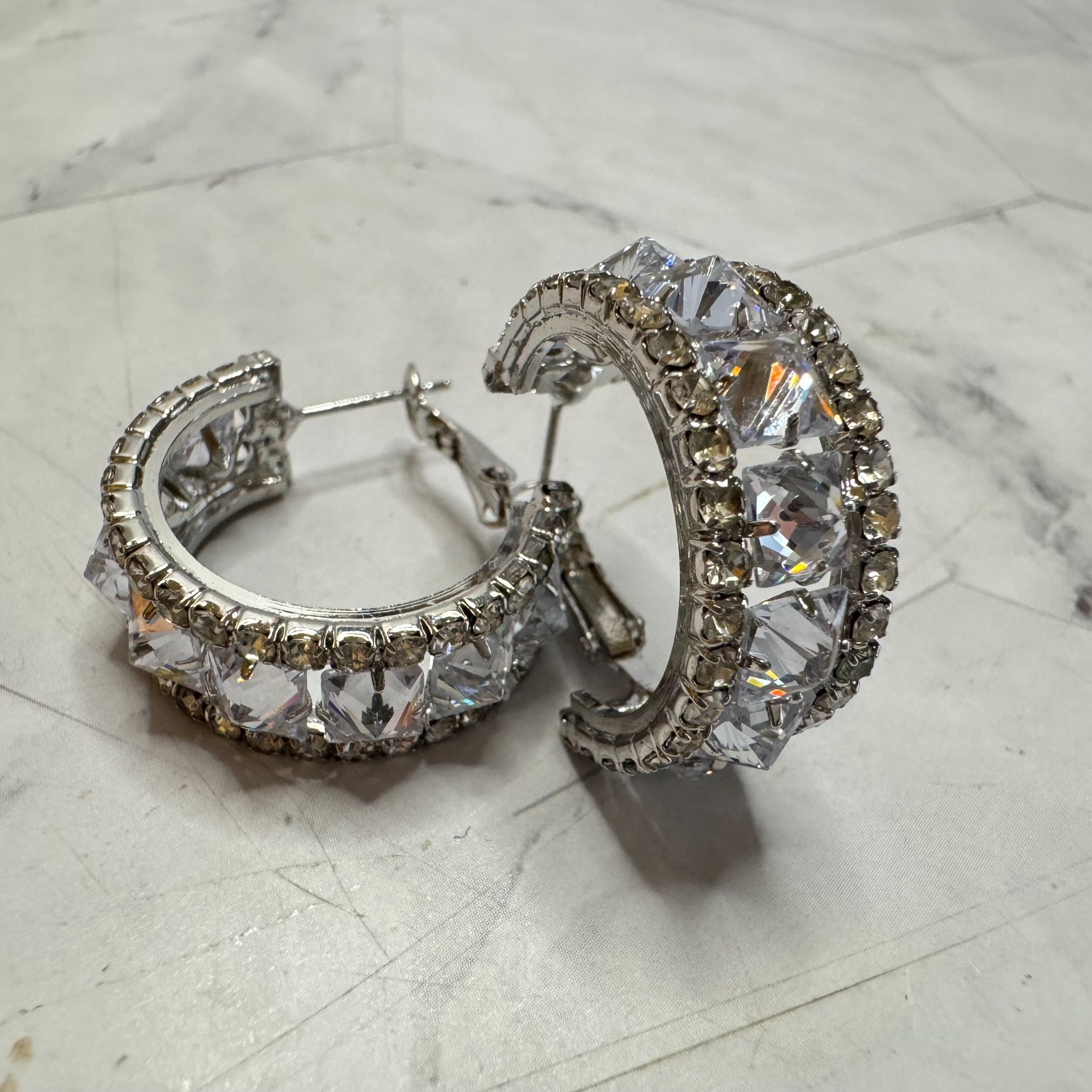 Diamond Zircon C Shaped Earrings Hoop Alloy Sparkly Silver Tone Omega Back Event