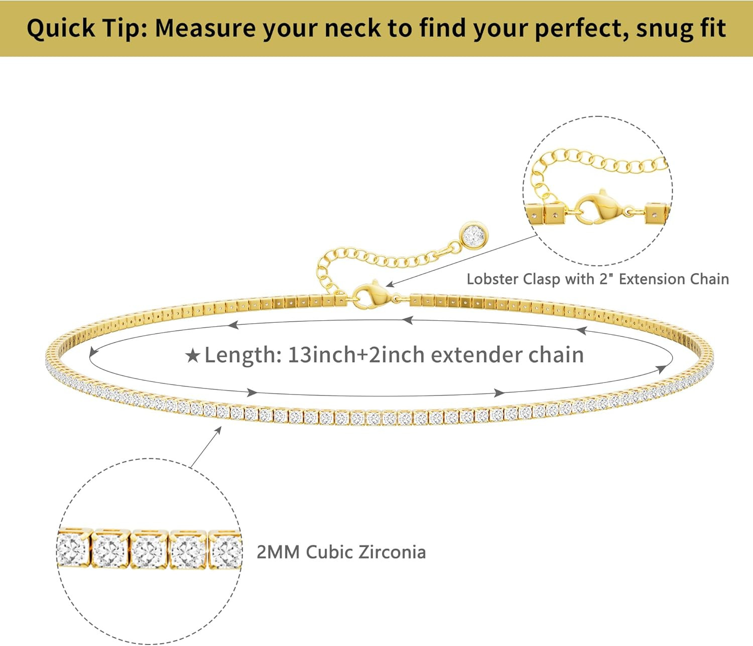 Tennis Necklace for Women, 14K Gold/Silver Plated Rhinestone Choker Necklace for