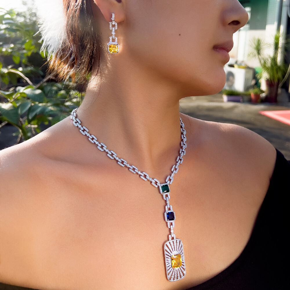 Women Silver Plated Long Chain Drop Necklace Earrings Zirconia Party Jewelry Set