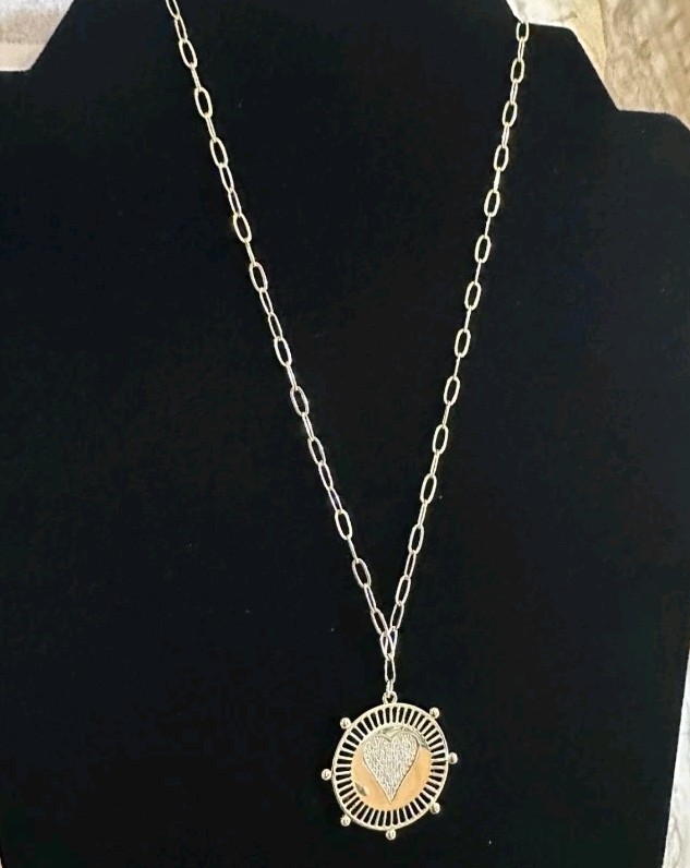 Jennifer Miller Yellow Gold Plated Pave Heart Medallion Necklace Paperclip Chain