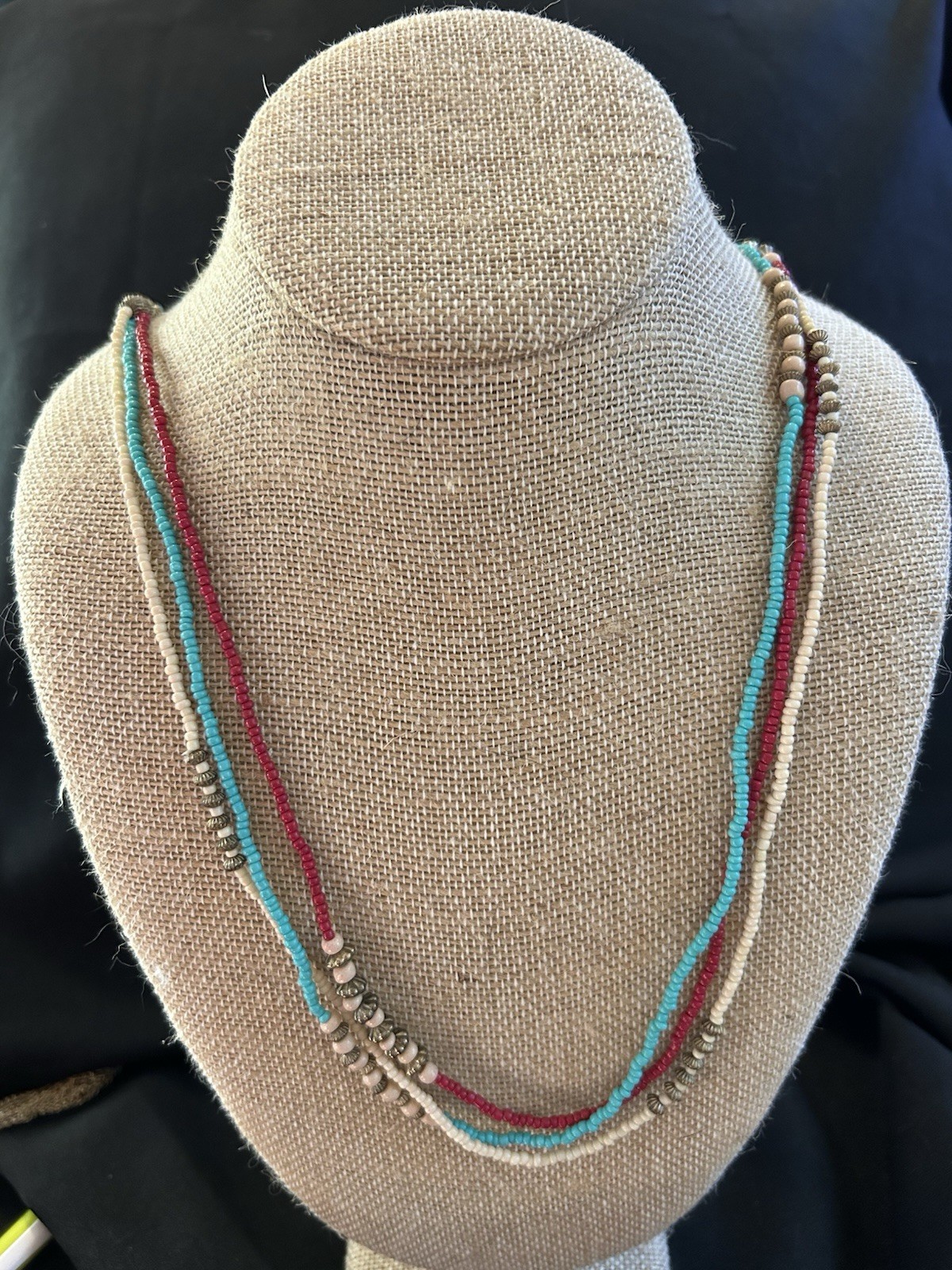 Boho Multistrand Seed Bead Necklace Set Southwestern Red Turquoise Cream Layered