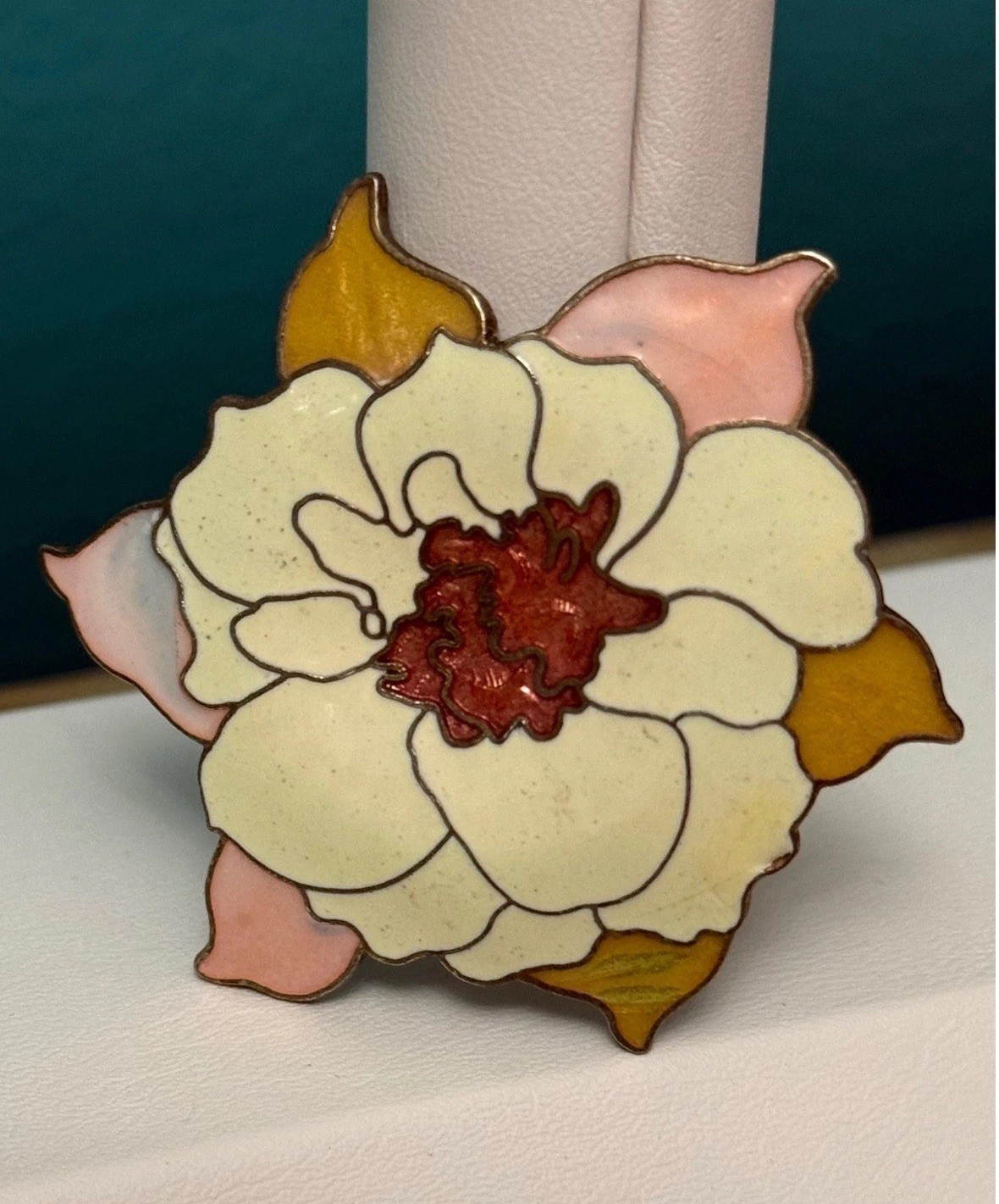 Vintage Cloisonne Enamel Flower Brooch Pin Pink Cream Floral Retro Cottagecore