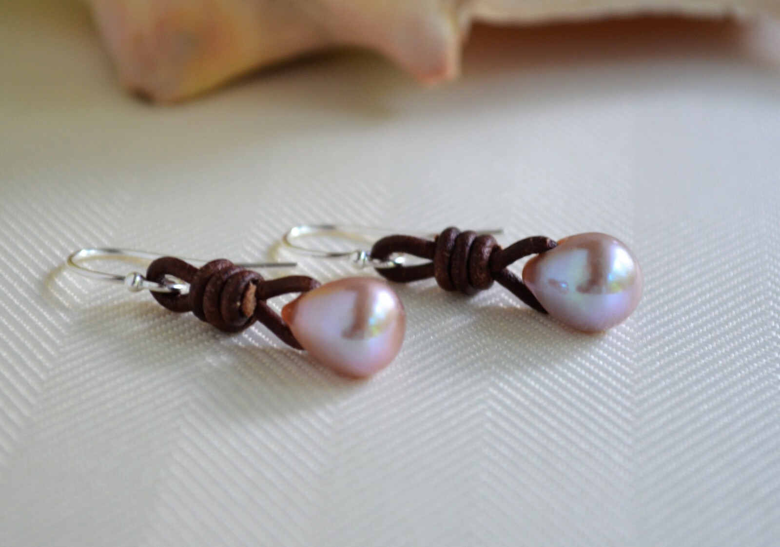 Tea Drop Pearl Earrings Lavender Pearls on Leather Earrings Boho Earrings Yevga