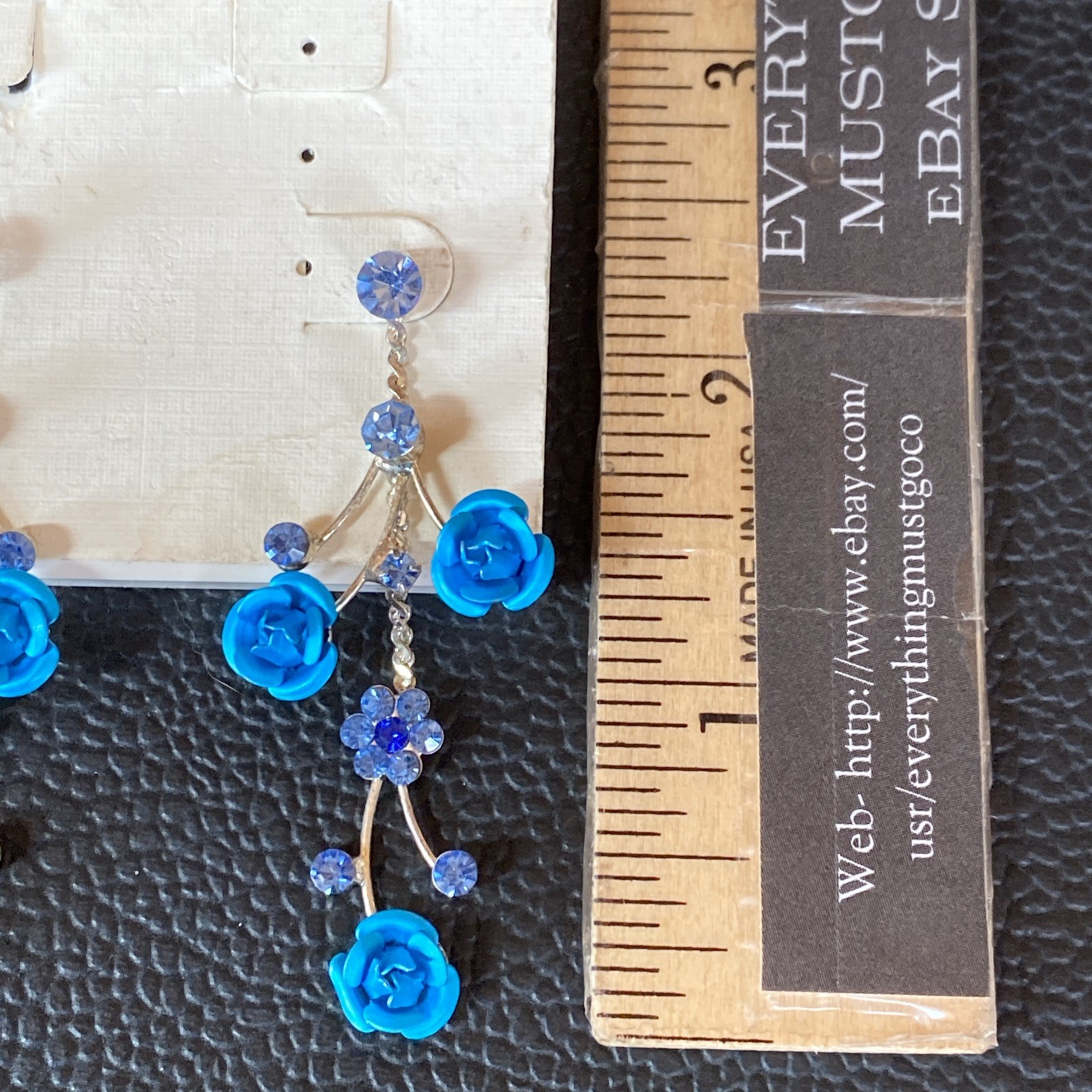 Faceted Blue Rhinestone Retro Aluminum Rose Dangle Silvertone Flower Earrings
