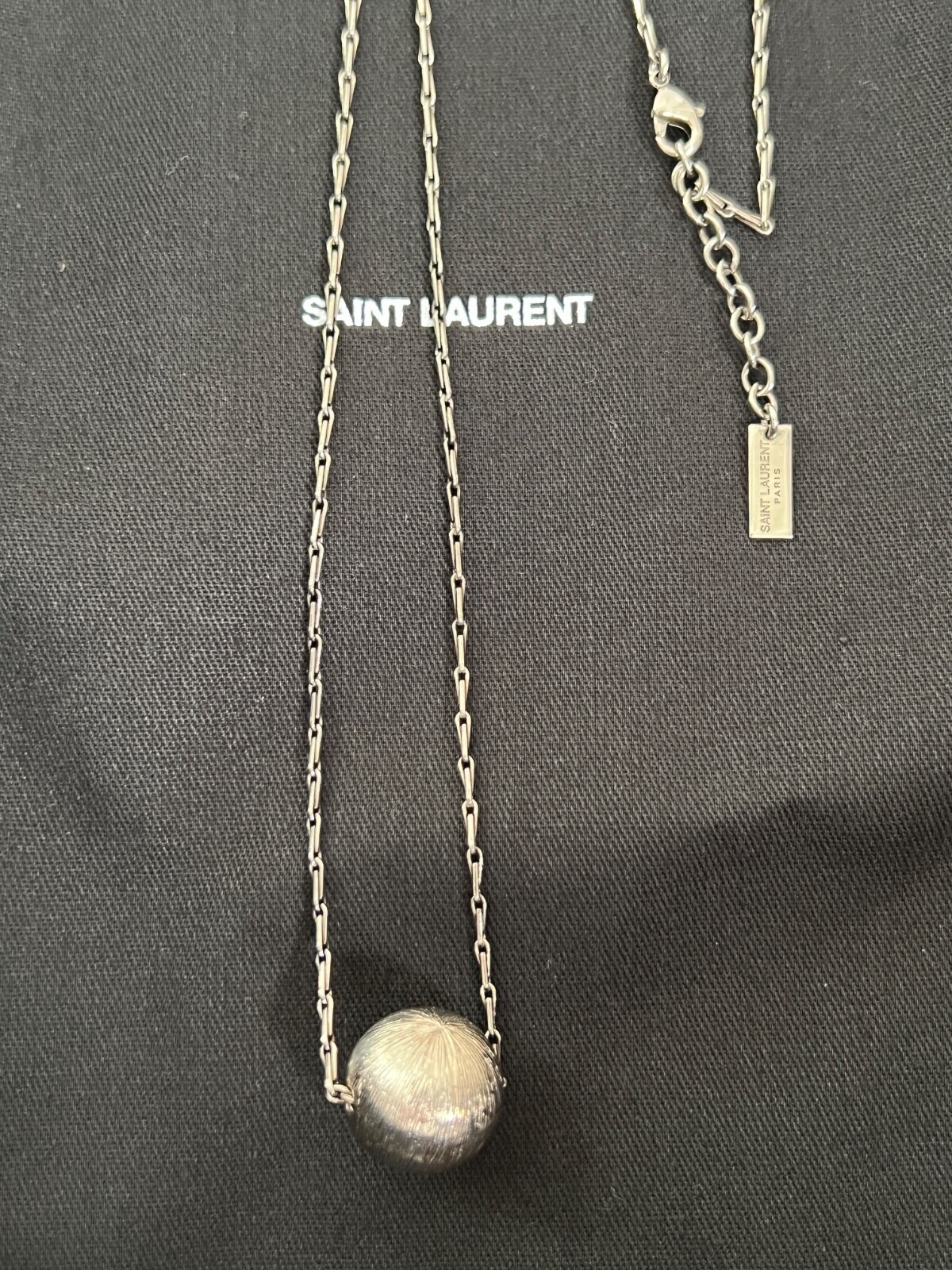 NIB Saint Laurent YSL Spherical Ball Pendant Silver Brass Chain Necklace $695