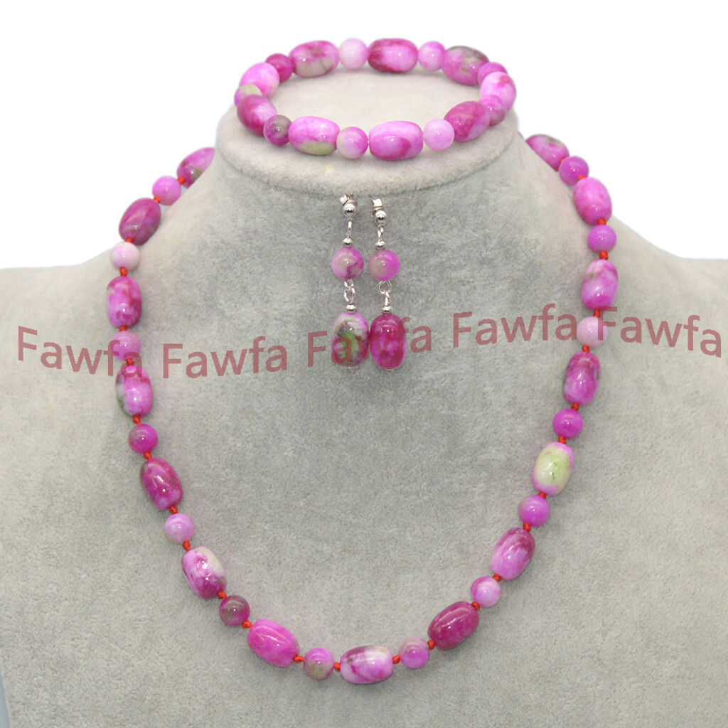 8mm Round 10x14mm Barrel Red Green Multicolor Jade Necklace Bracelet Earring Set
