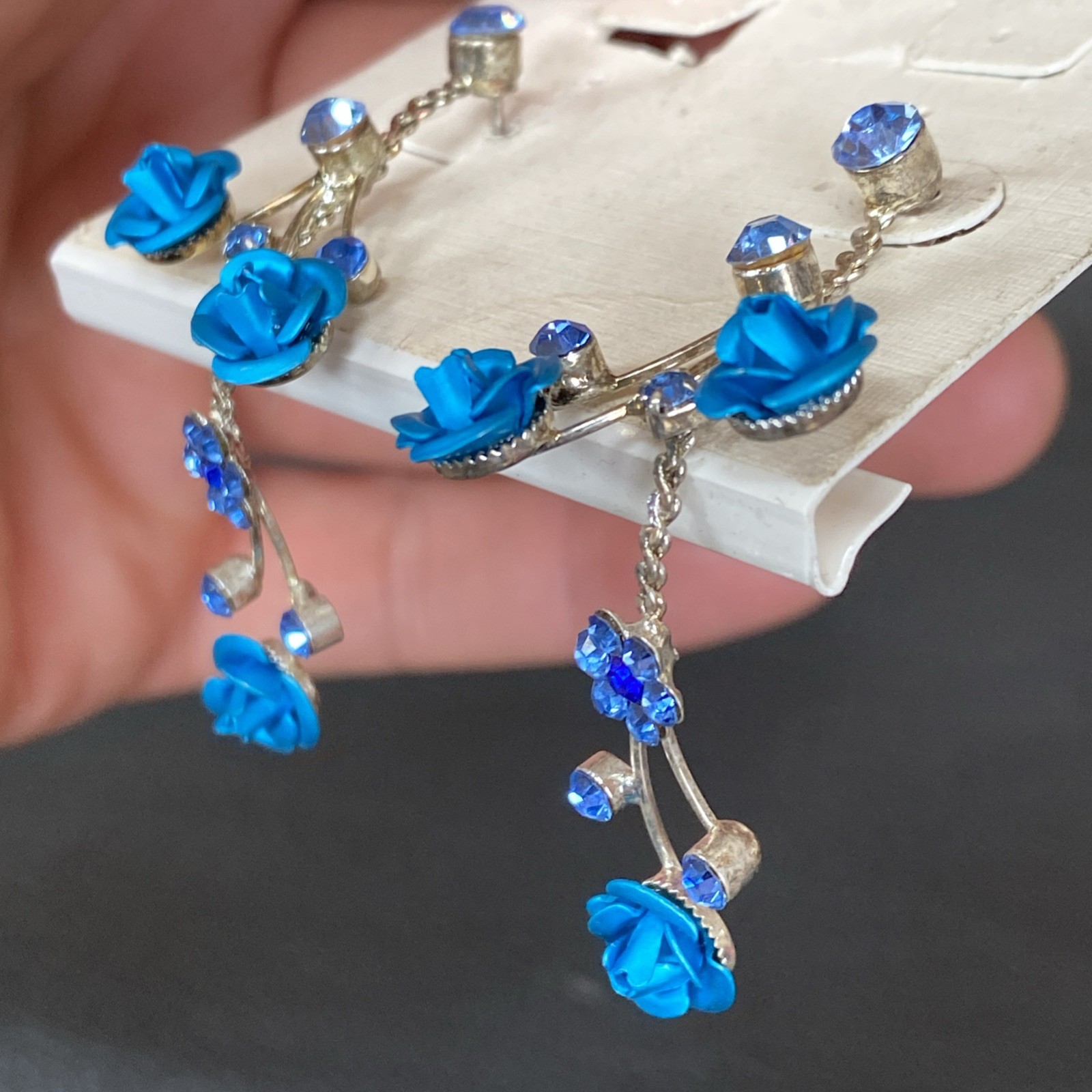 Faceted Blue Rhinestone Retro Aluminum Rose Dangle Silvertone Flower Earrings