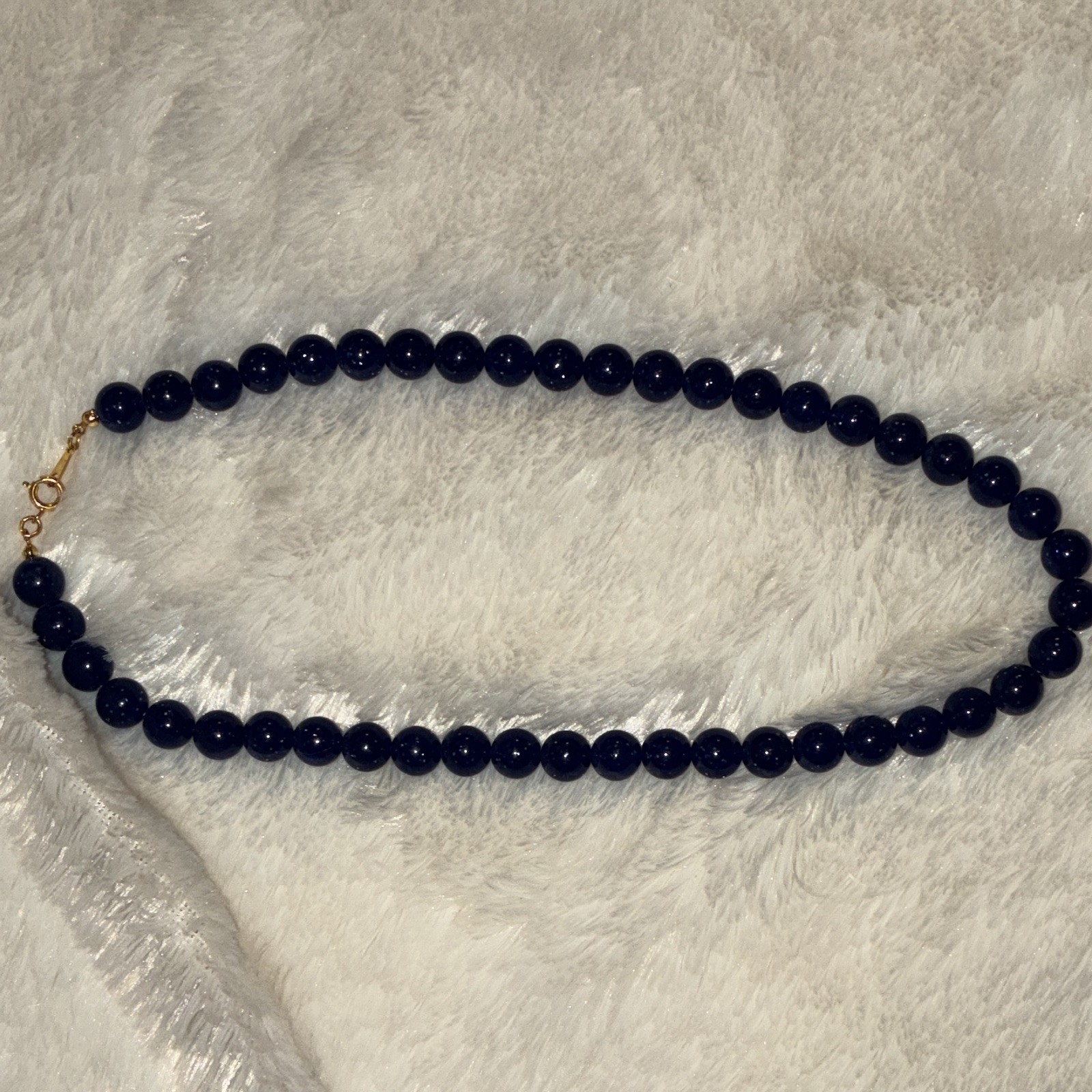 Blue Round Beaded Necklace Ball/Bead Chain Gold-Tone Spring Ring Clasp