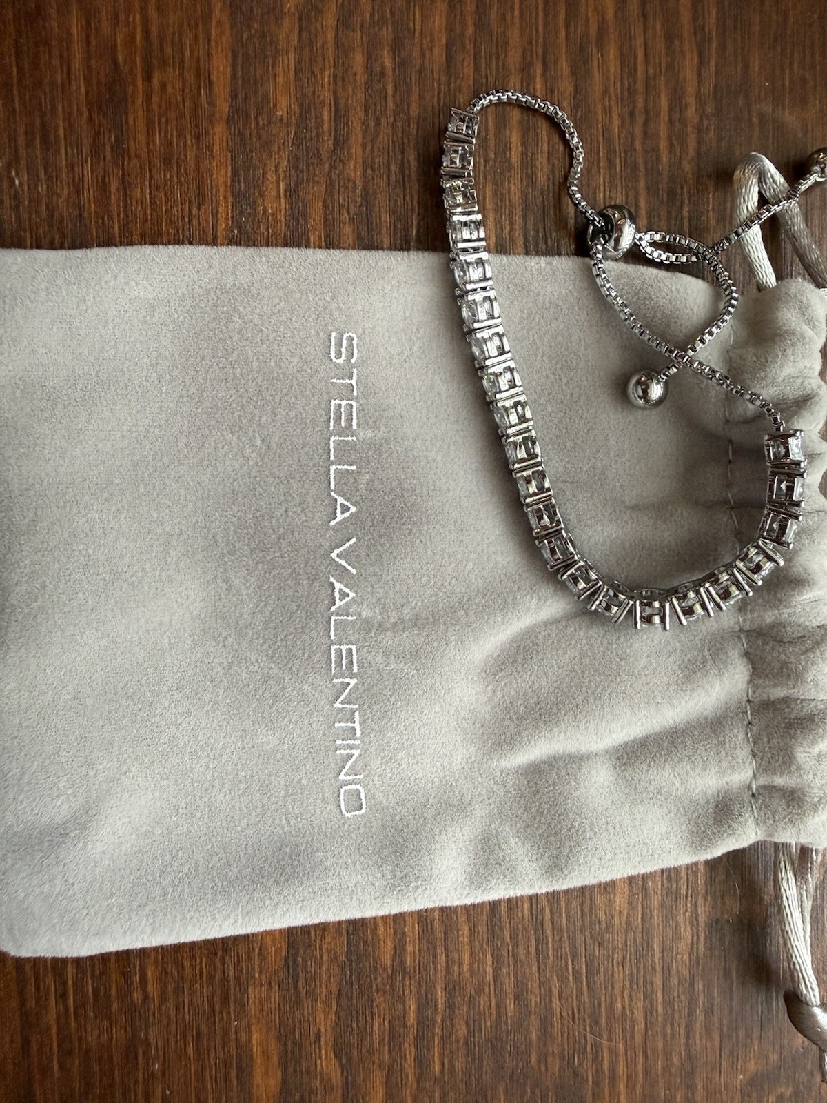 Stella Valentino Silver Adjustable Tennis Bracelet CZ Clear Stones w/ Pouch