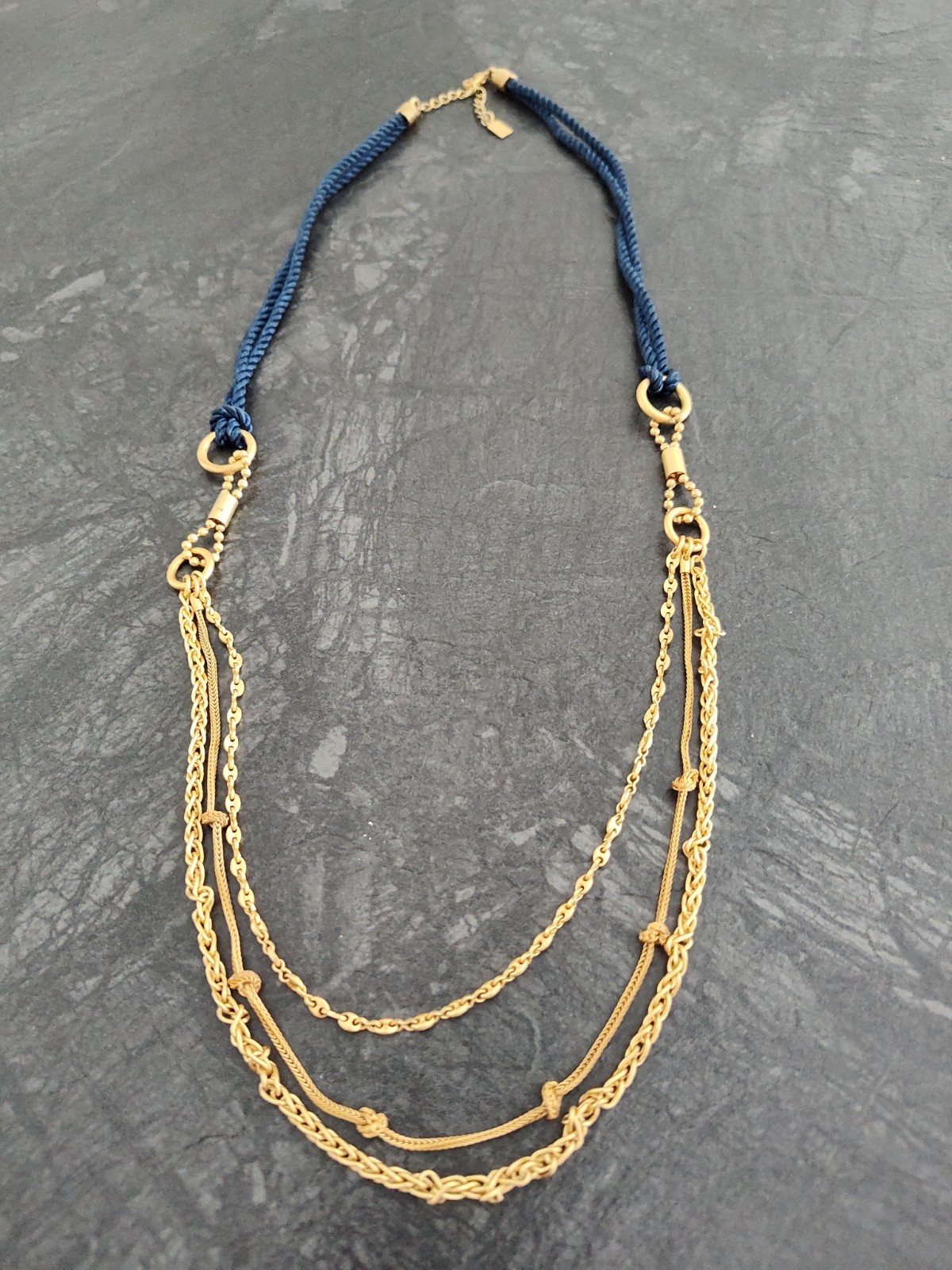 ANNE KLEIN Matte Brushed Gold Tone Navy Cord Three Layer Necklace 27″