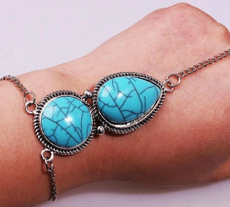 New Bohemian Beach Retro Ethnic Blue Green Stone Fingered Bracelets Hand Jewelry