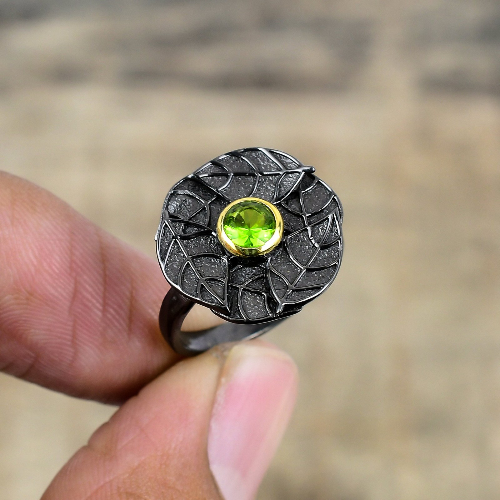 Peridot Black And Gold Plated 925 Sterling Silver Ring S.7 R87230