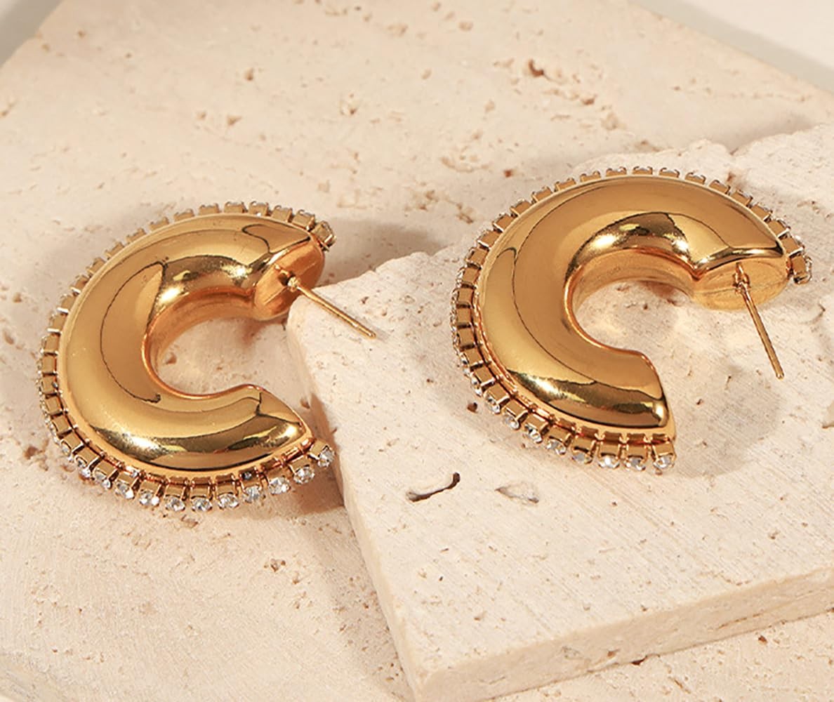 Niaspi C-Shaped Chunky Hoop Earrings for Women 18K Gold Plated Cubic