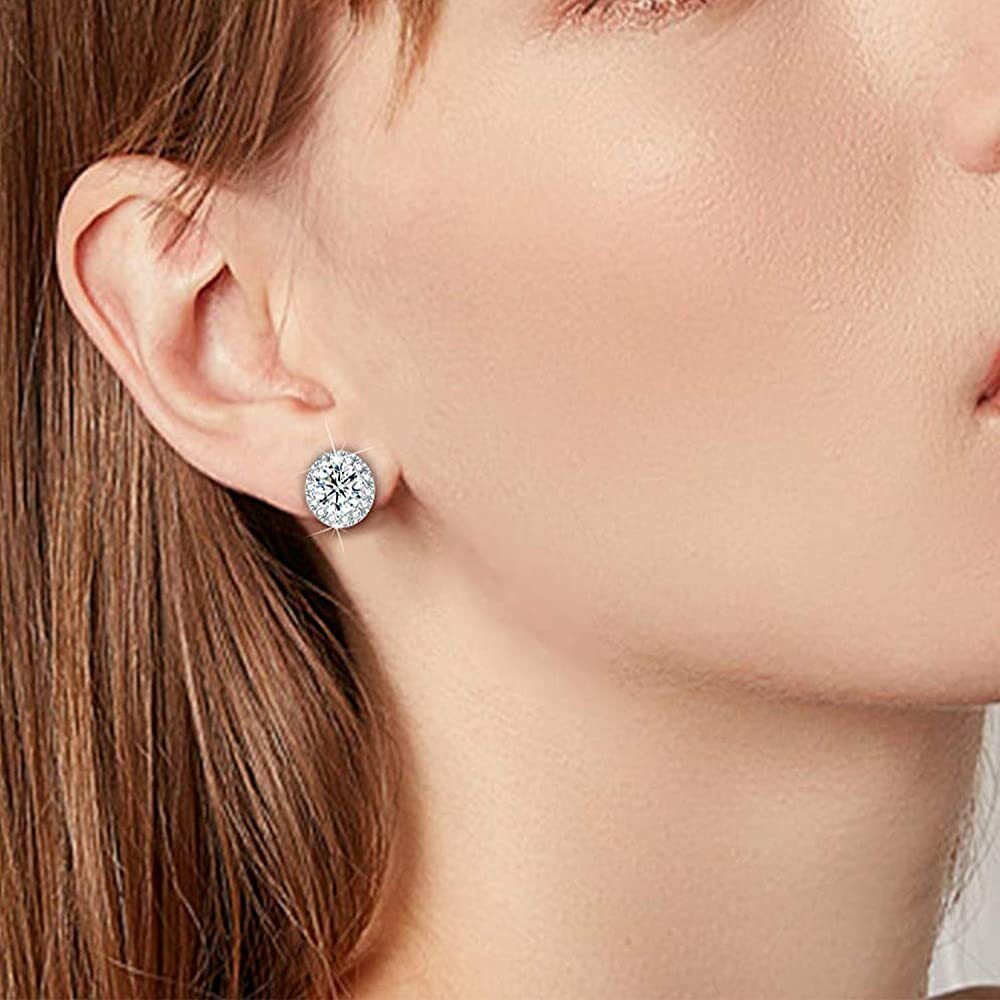 925 Sterling Silver Round Square Cubic Zirconia Halo Stud Earrings 2 Pair Set
