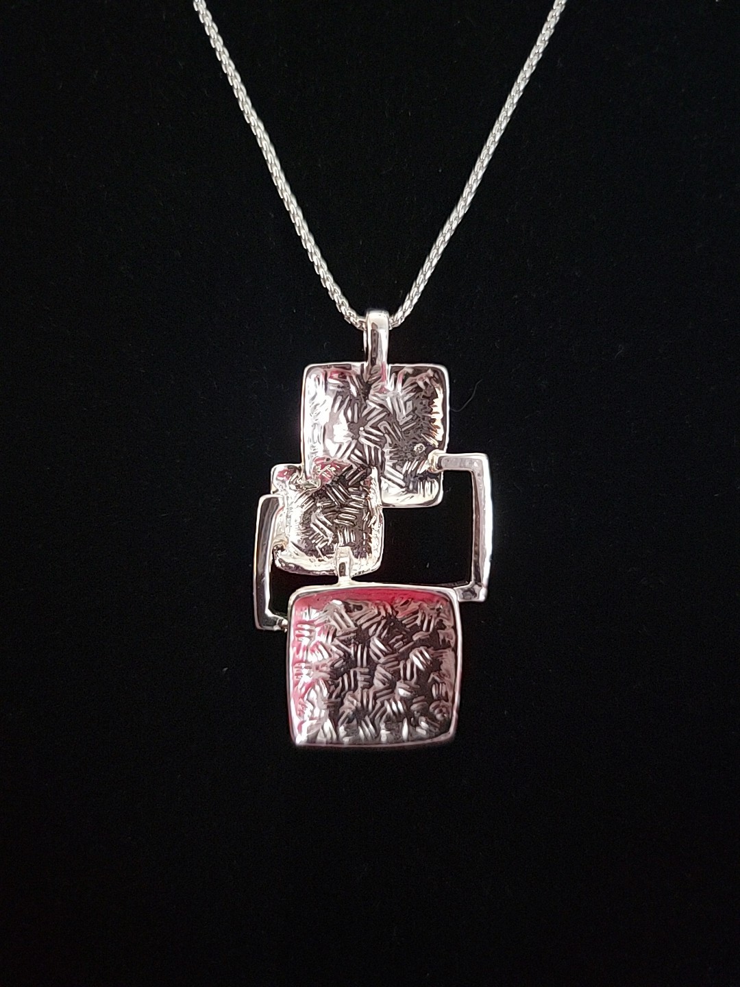 Silver Chain Pendant Navy Blue Enameled And Silver Squares 16″ w/ 2.5″ Extender