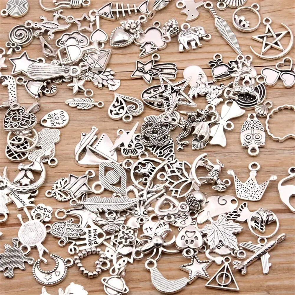 300Pcs Metal Alloy Silvery Charm Pendant Beads for DIY Jewelry Accessories