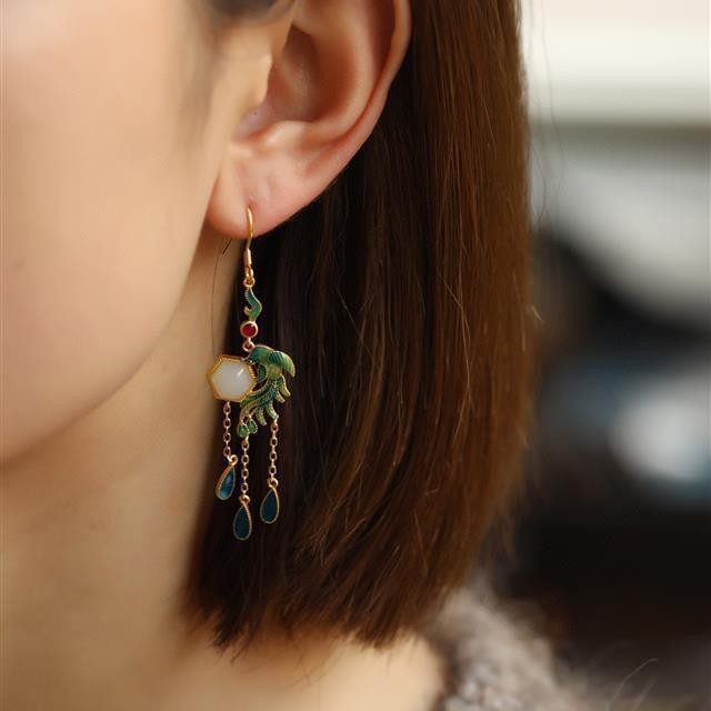 Vintage Chinese Style Hetian Inlay Earrings Stud Jewelry Women Accessories