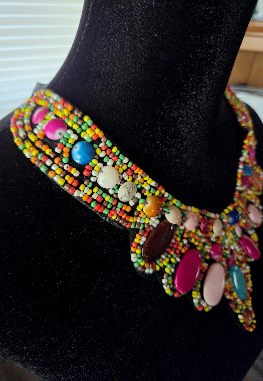 Carnival Style Beaded Bib Necklace Wide With Ribbon Tie Boho