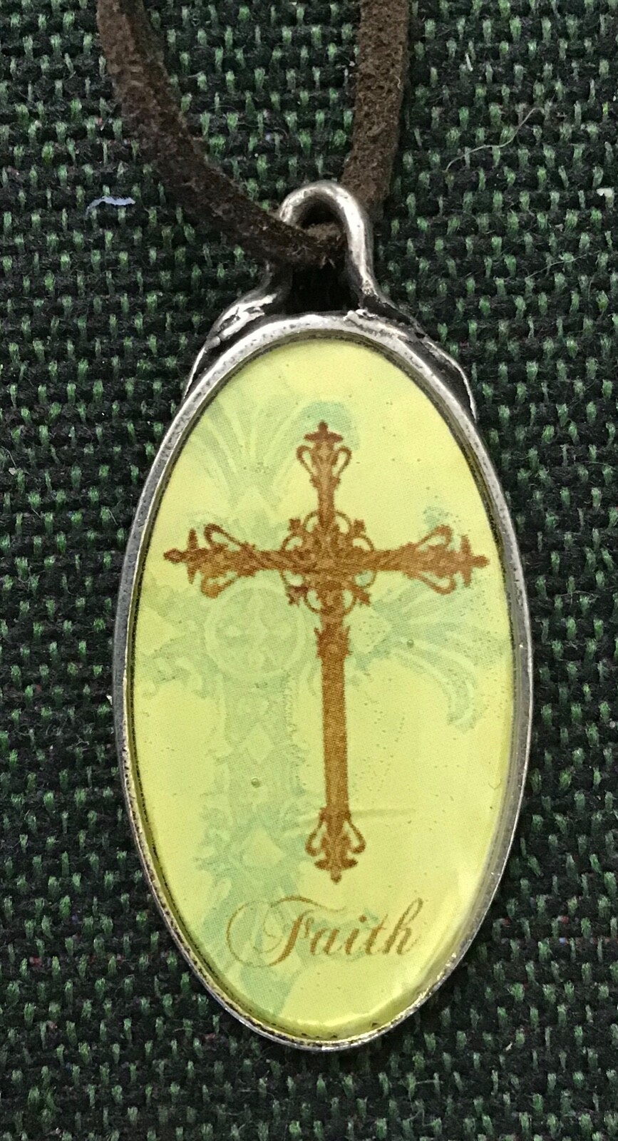 ROMAN INC Faith Cross Tone Silver Pendant Brown Leather Cord 18” Necklace – NEW