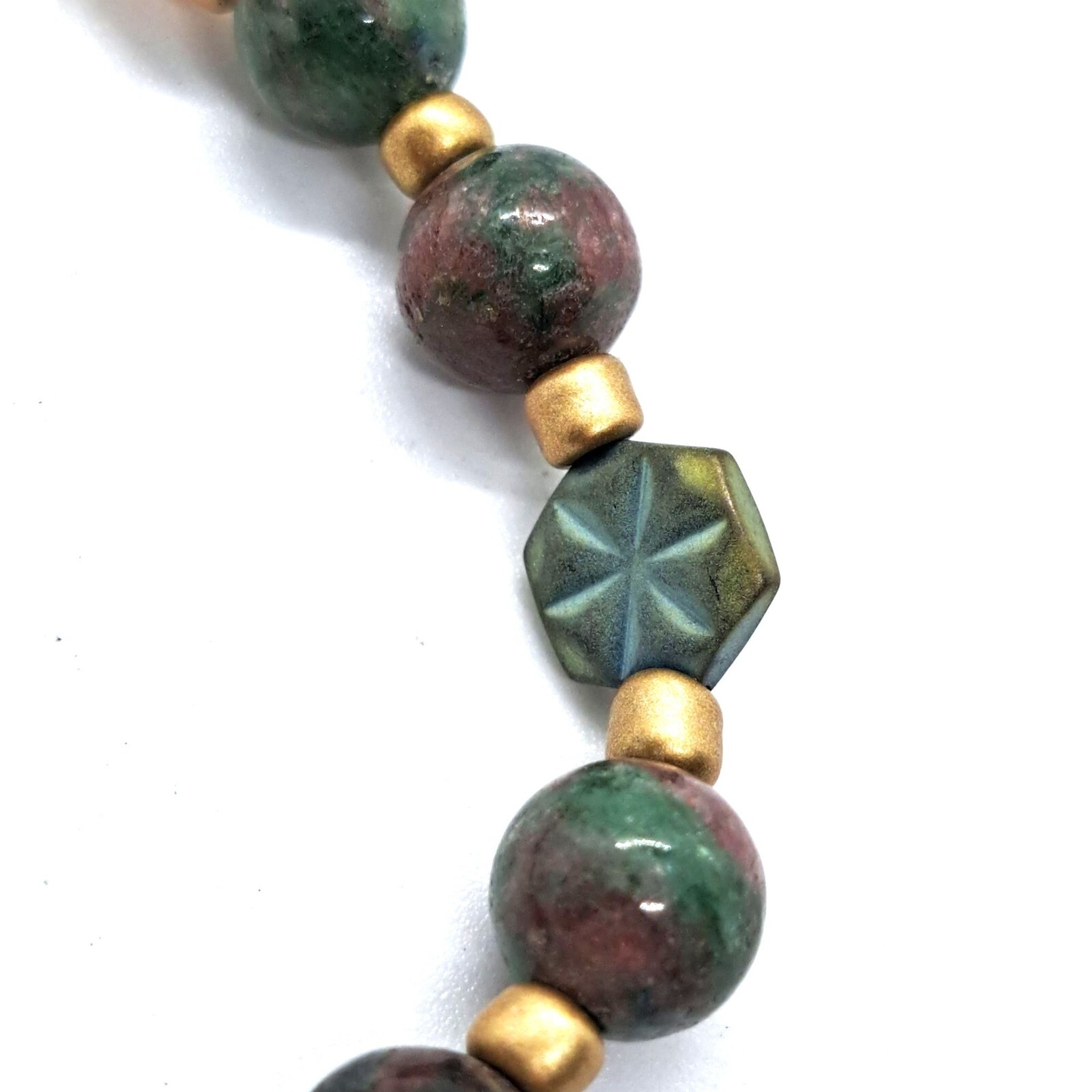 Handmade stretch bracelet NEW Czech glass, fancy jasper, gold tone spacers