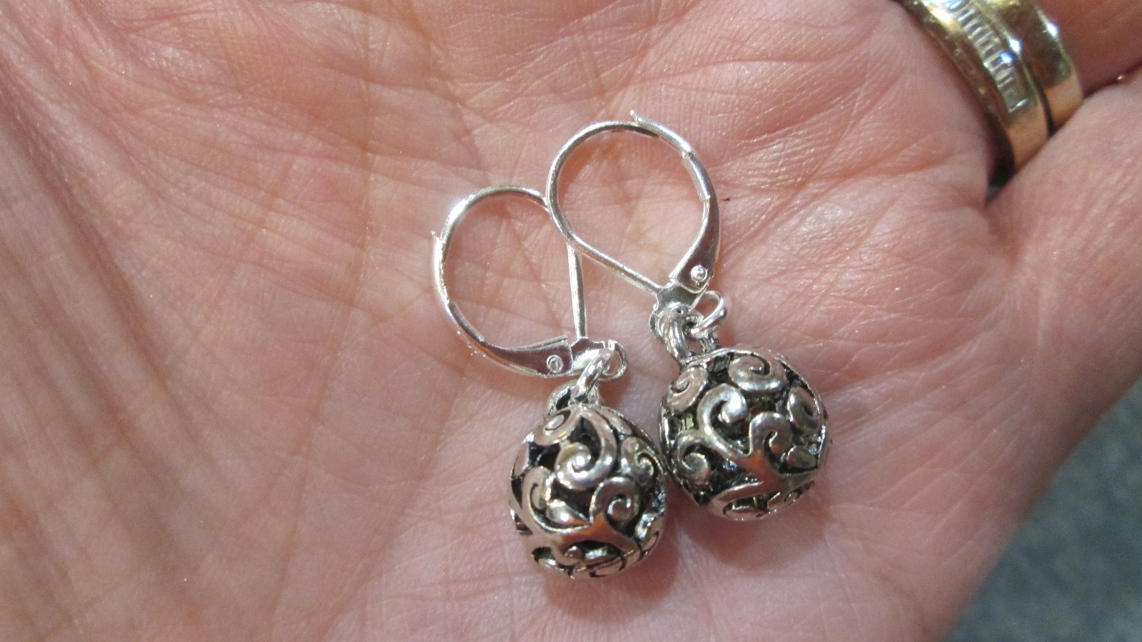 Silver Filigree Ball dangle Earrings with Sterling Silver Leverbacks