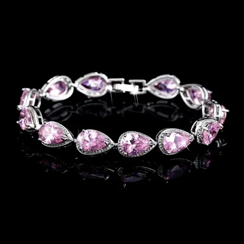 18k White Gold Plated Lab Pink Sapphire Gemstone Tennis Bracelet Women’s Jewelry