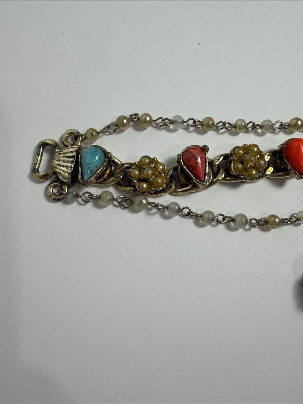 Vintage Gold Tone Faux Turquoise Coral Cabochon Bracelet Earring Set BOHO
