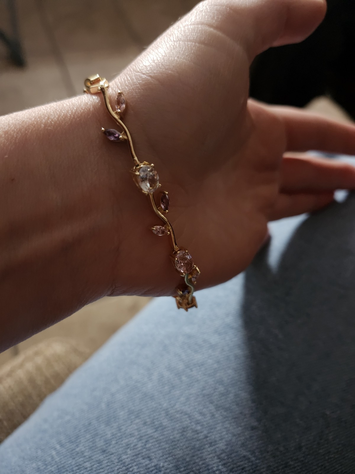 Gold Tone Tennis Bracelet Pink Purple Clear Stones Leaf Nature Theme