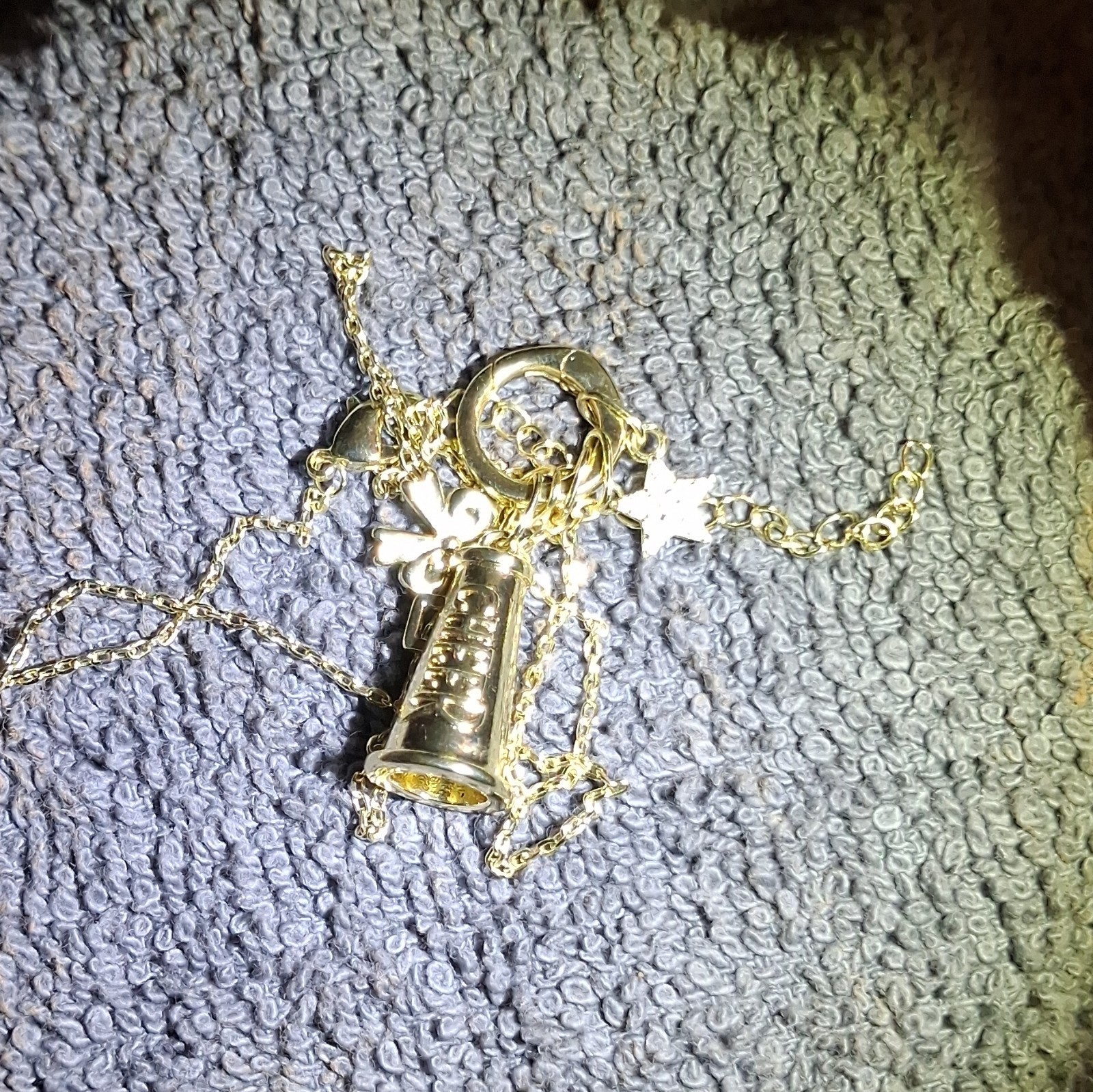 CN Signed Gold Tone Metal Cable Chain Charm Necklace Star Bow Megaphone