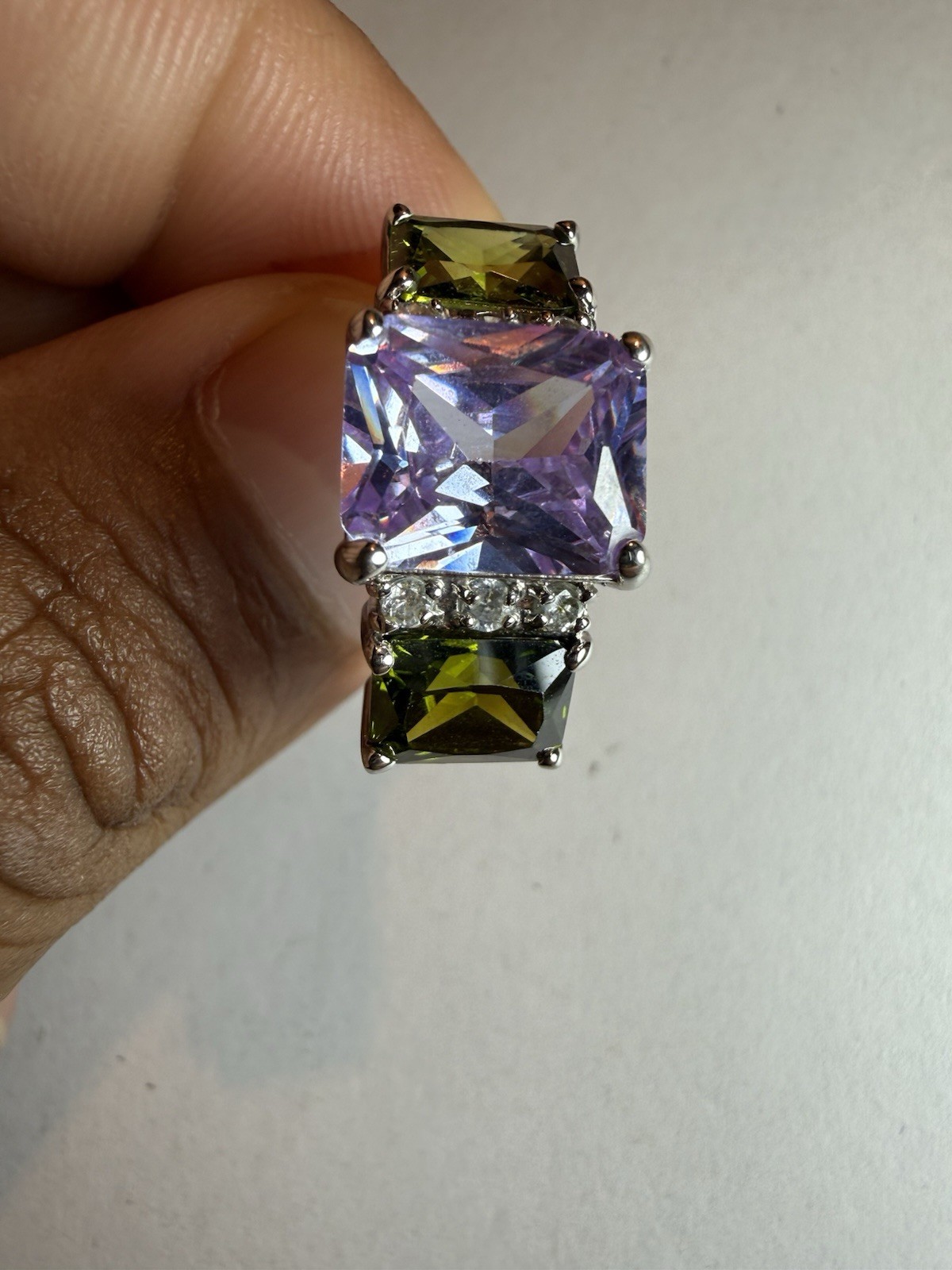 925 Sterling Silver Cocktail Ring Purple Square Center Stone Green Sides Sz 10