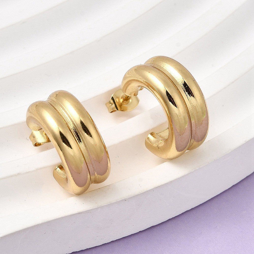 Stud Earrings Stainless Steel Gold Two-layer C-shaped 0.69 in Gift E118