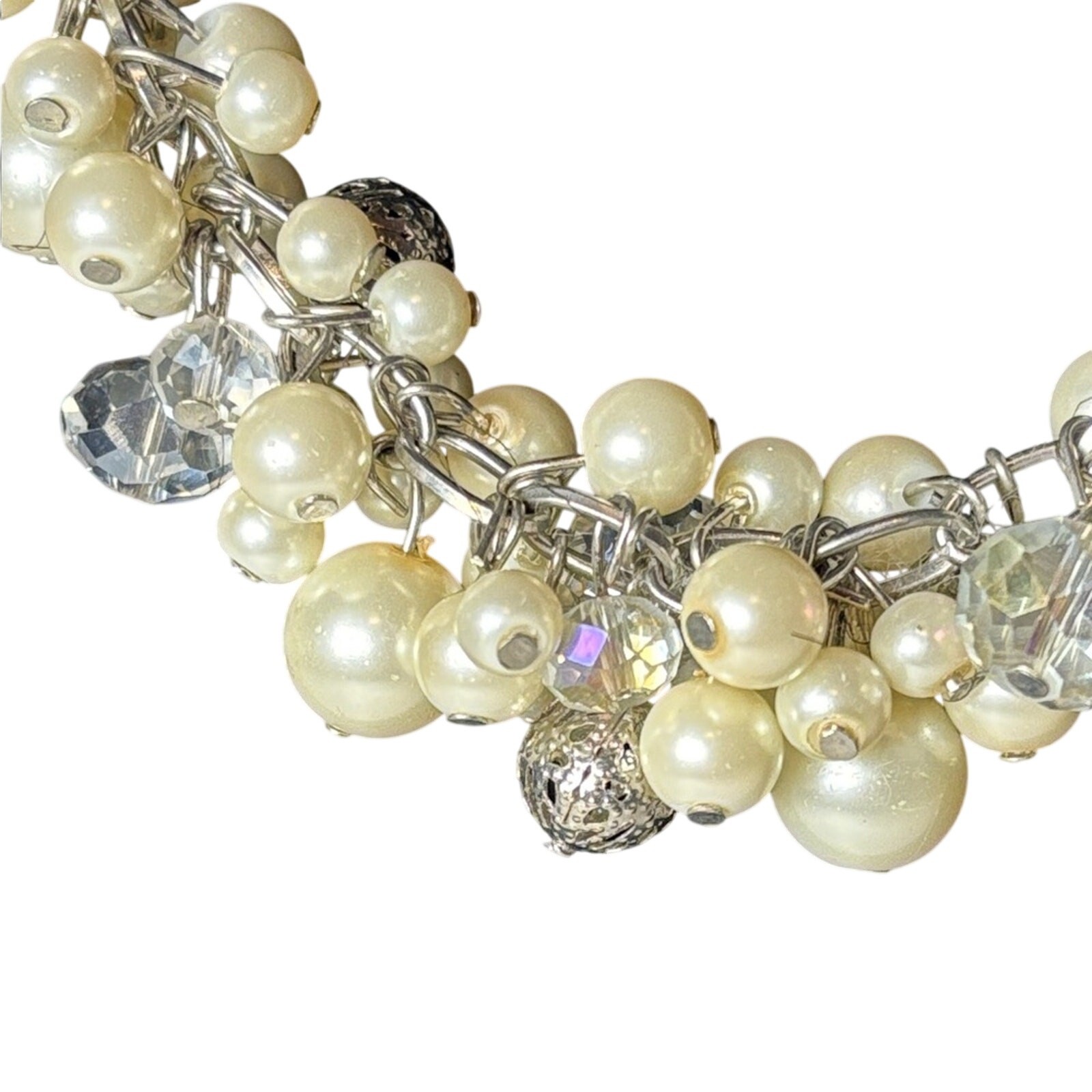 Faux Pearl Cluster Necklace 18” + Extender Silver Tone Statement Bridal Wedding