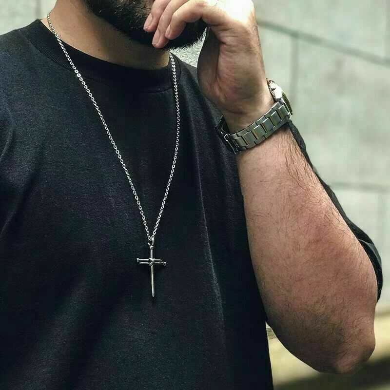 Mens Christ Jesus Nail Rope Cross Pendant Necklace Stainless Steel Chain Silver