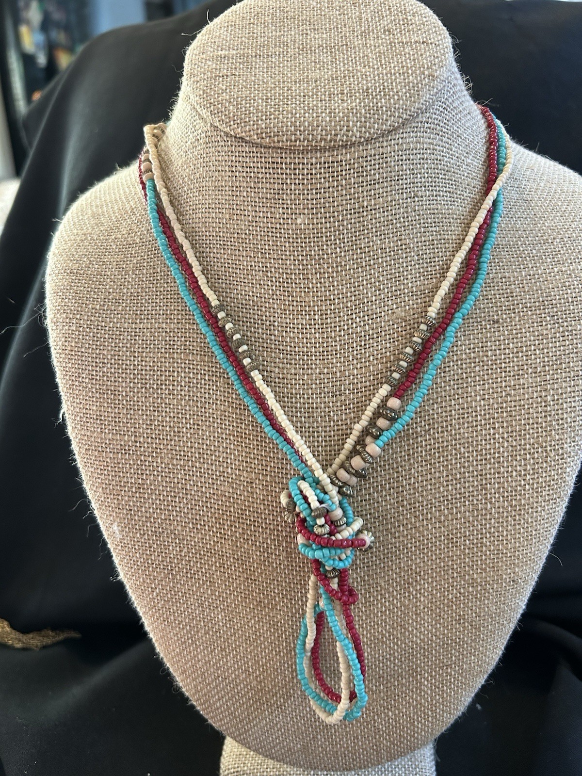 Boho Multistrand Seed Bead Necklace Set Southwestern Red Turquoise Cream Layered