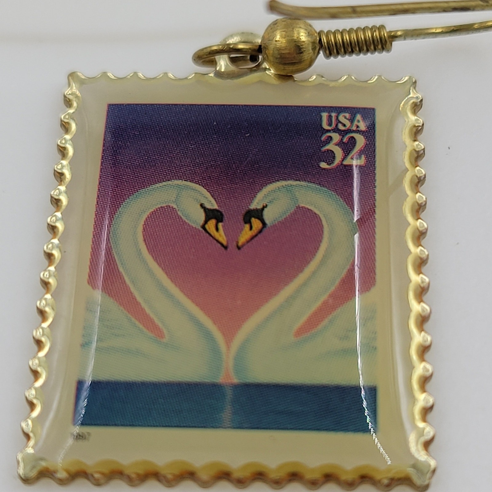 Swan Love 32 Cent Stamp Dangle Earrings Heart Gold Tone Postage Mail USA