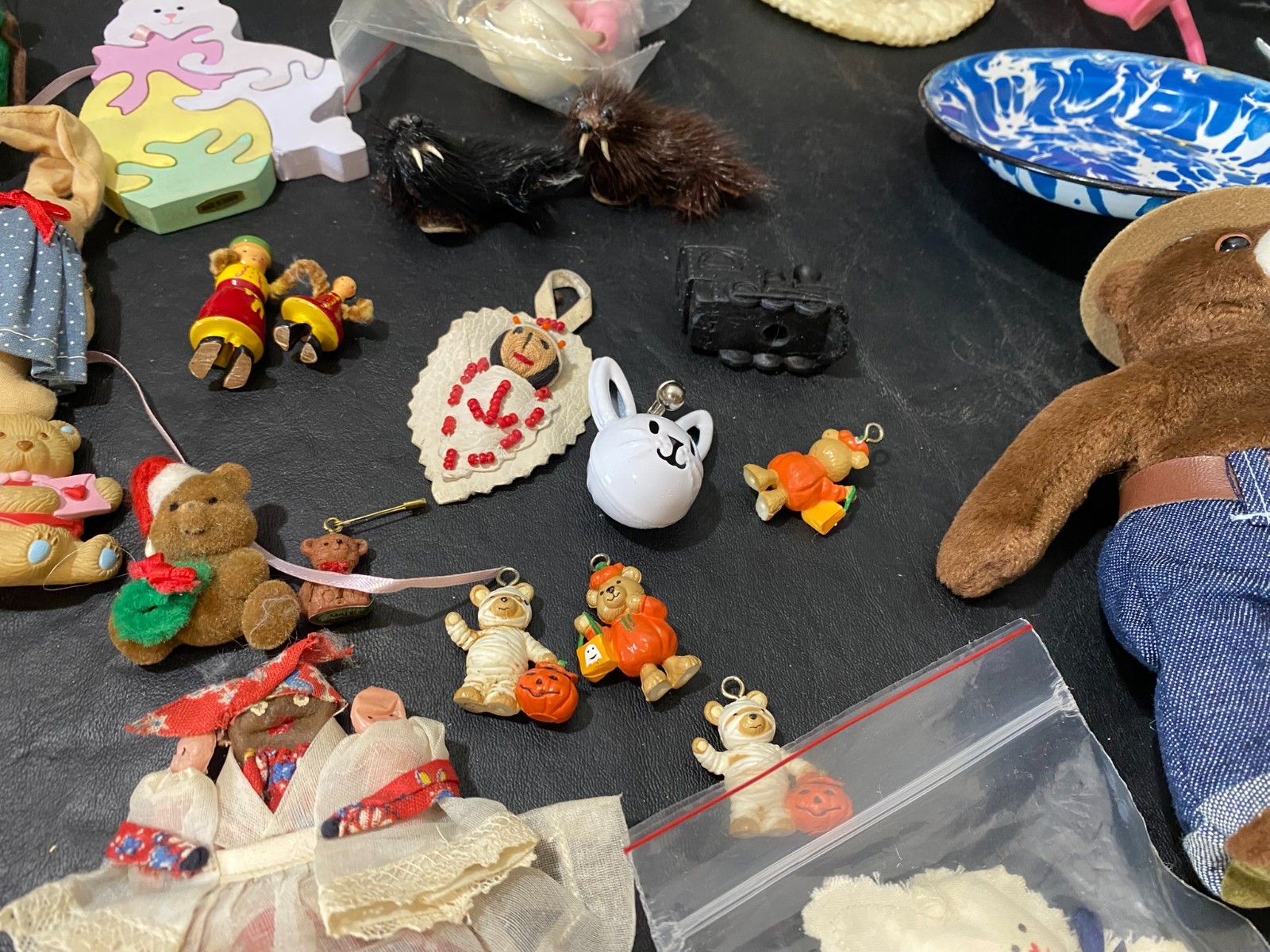 Farrell’s doll hat enamelware plate figures pins brooch teddy bear toy lot