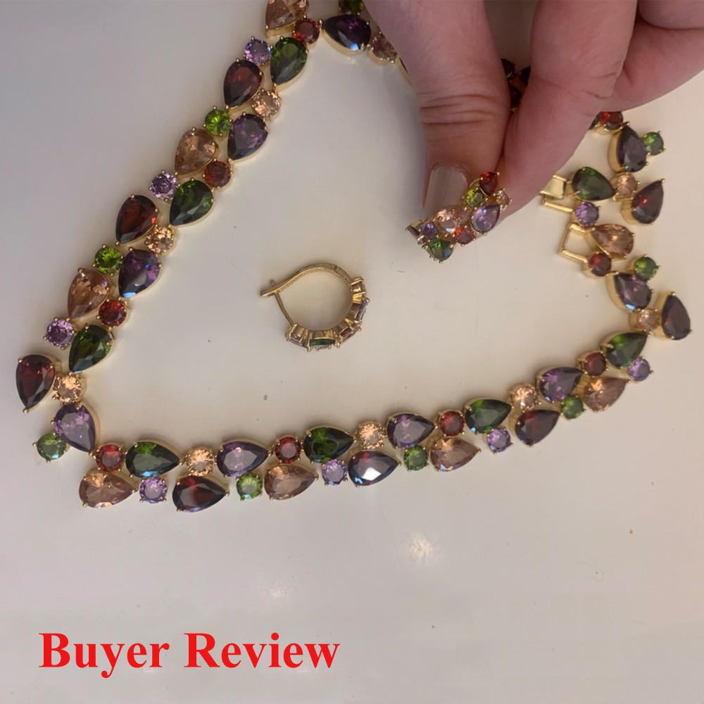 Charm Gold Plated Multicolor Cubic Zirconia Necklace Earrings Bridal Jewelry Set