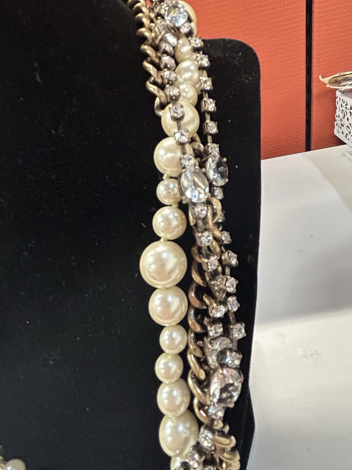 J.CREW Signed multi strand faux pearl crystal statement gold tone necklace