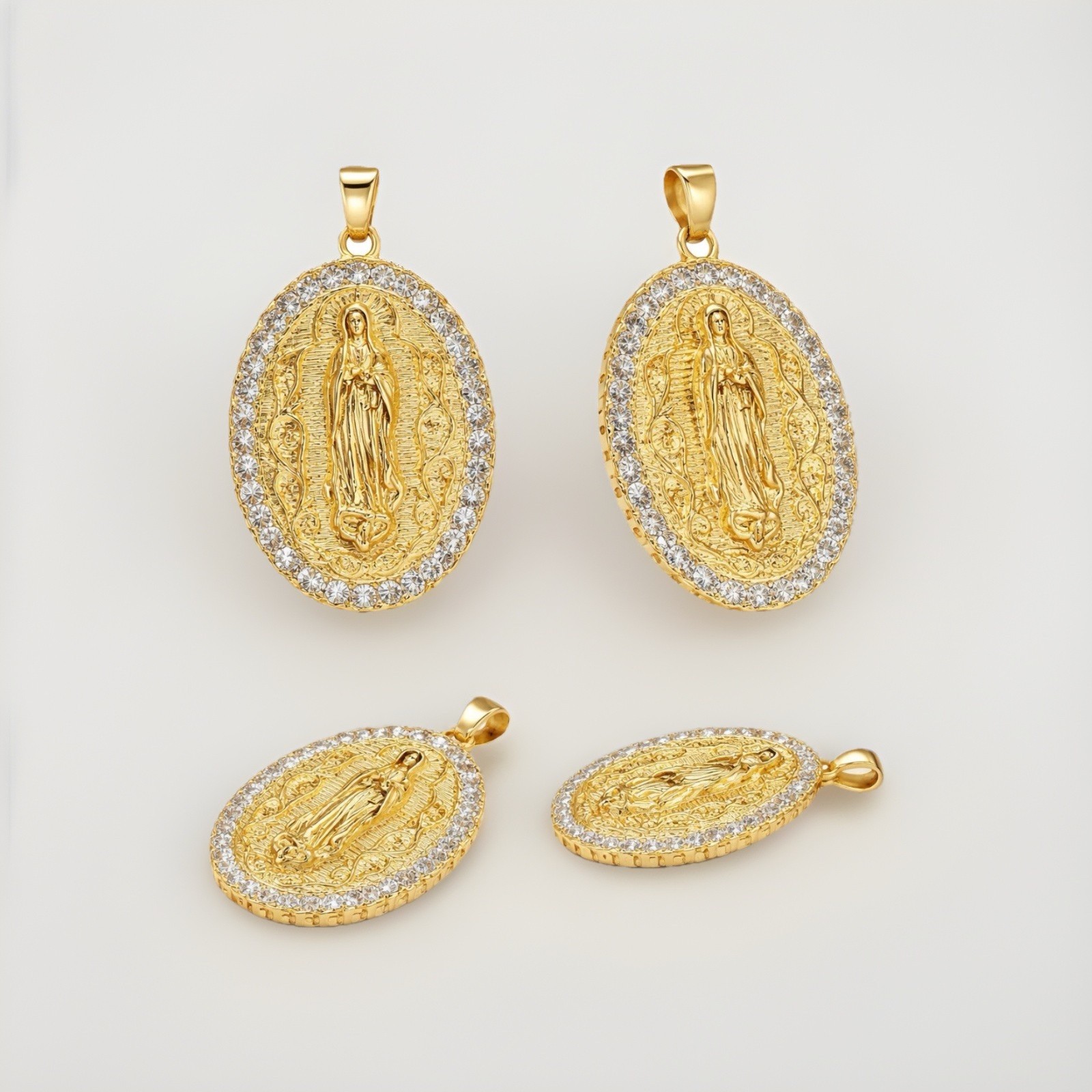 Iced Out Virgin Mary Pendant Gold Plated CZ Halo Religious Oval Charm Medallion
