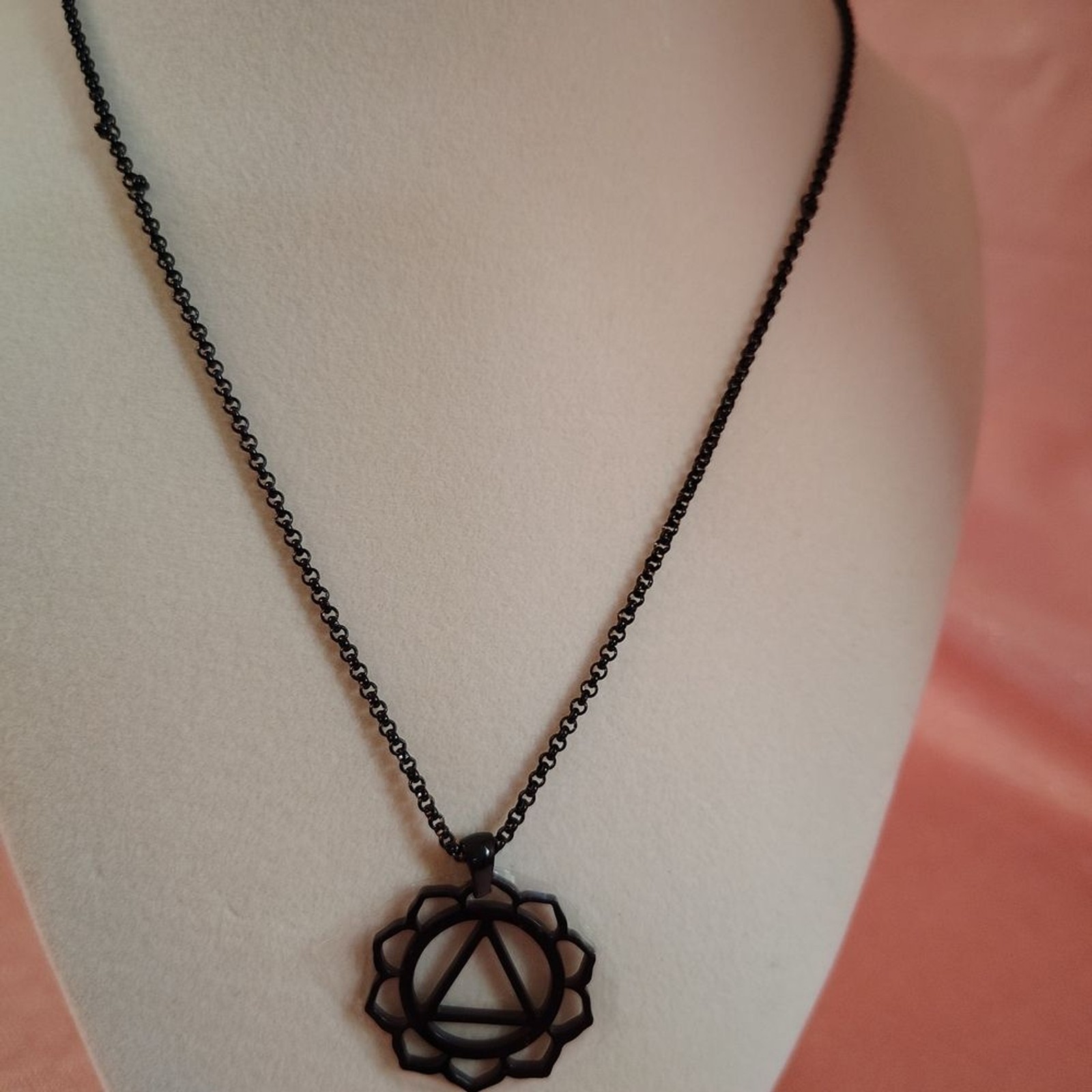 Black Geometric Stainless Steel Triangle Lotus Pendant Necklace