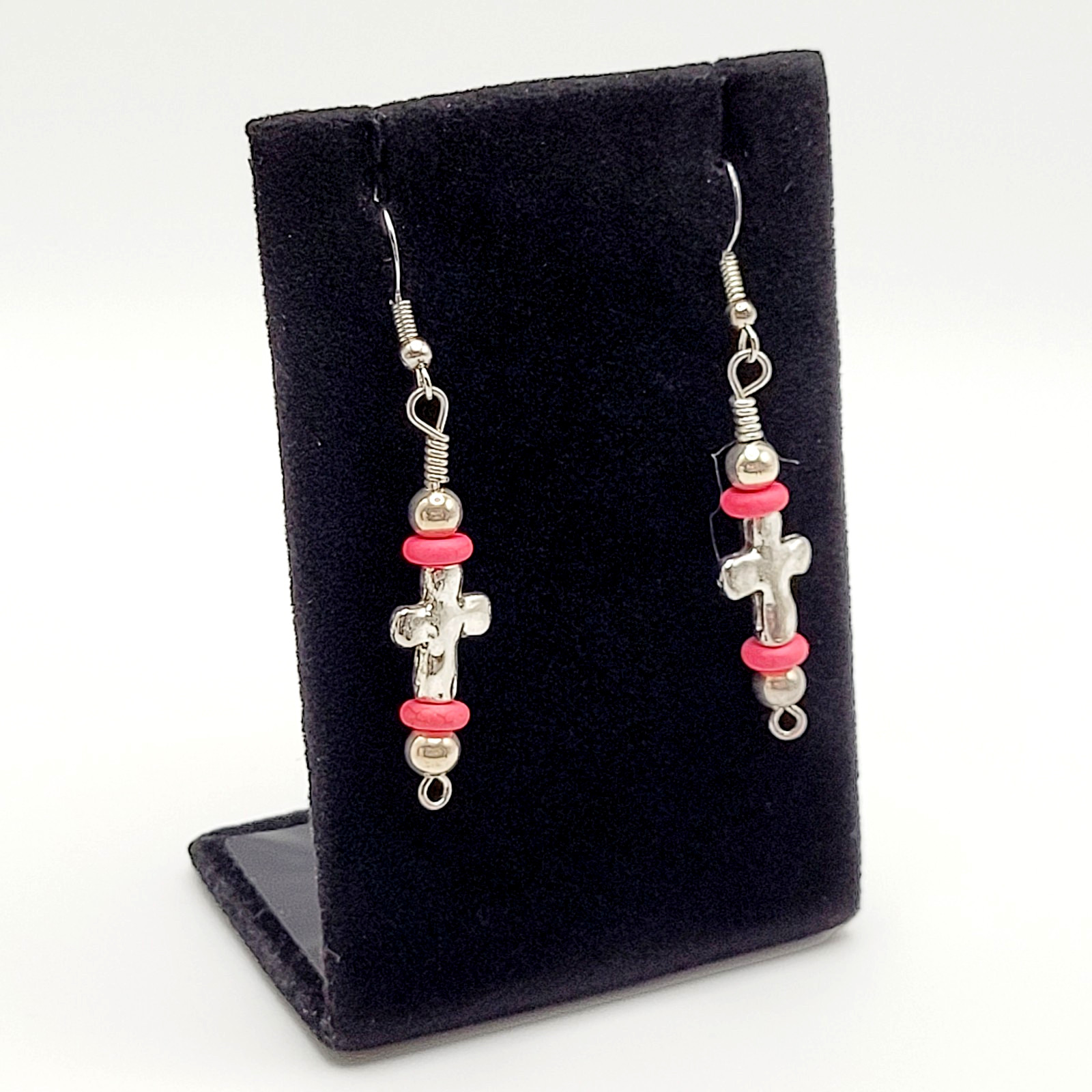 Southwestern Silver Tone Cross w Pink Ceramic Bead Metal Hook Pierced Earrings